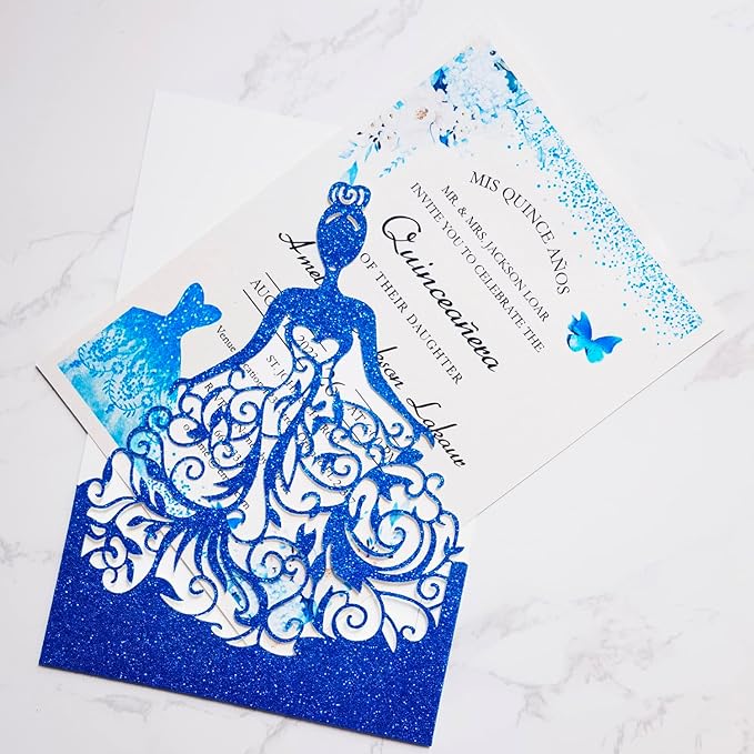50PCS 5 x 7.3'' Personalized Quinceanera Invitations, Laser Cut Girl Princess Invitation Card Kit with Envelopes for Birthday Party, Quinceañera, XV Años, Mis Quince, Sweet 16 (Royal Blue Glitter)