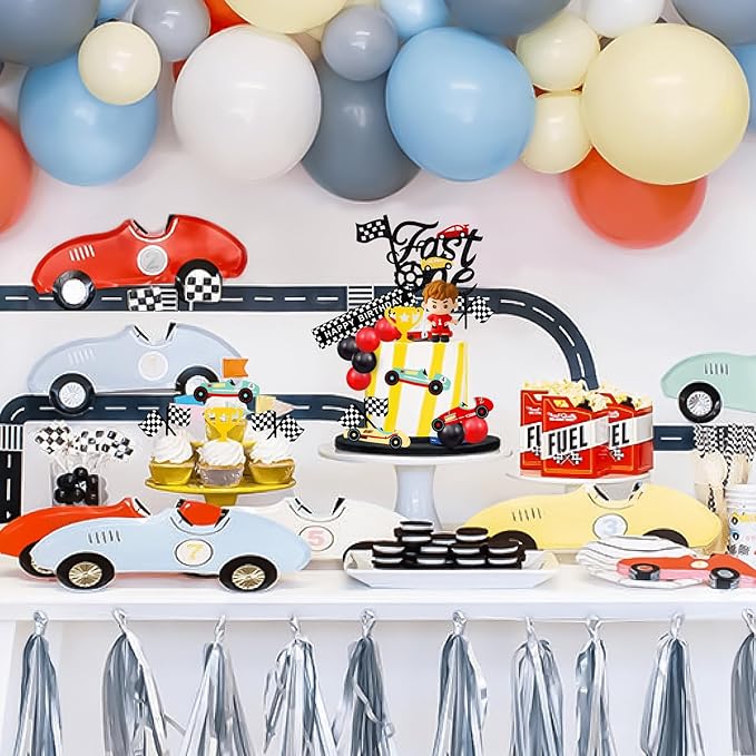MEMOVAN Race Car Cake Topper Red Black Balls Cake Toppers Fast One Cake Decorations 1st Birthday Cake for Boy's Kids Racing Car Checkered Flag Themed BirthdayParty Favors