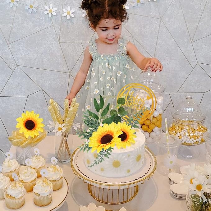 MEMOVAN Sunflower Cake Topper 18pcs Sunflower Cake Decoration with Gold Happy Birthday Cake Topper Sunflowers Golden Palm Eucalyptus Leaves for Sunflowers Boho Summer Birthday Wedding Baby Shower