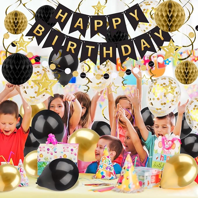 ZERODECO Black Gold Birthday Decorations, Easy to Assemble Happy Birthday Banner with Honeycomb Ball, Balloon, Hanging Swirl Streamer, Garland, Party Decorations for Women Men