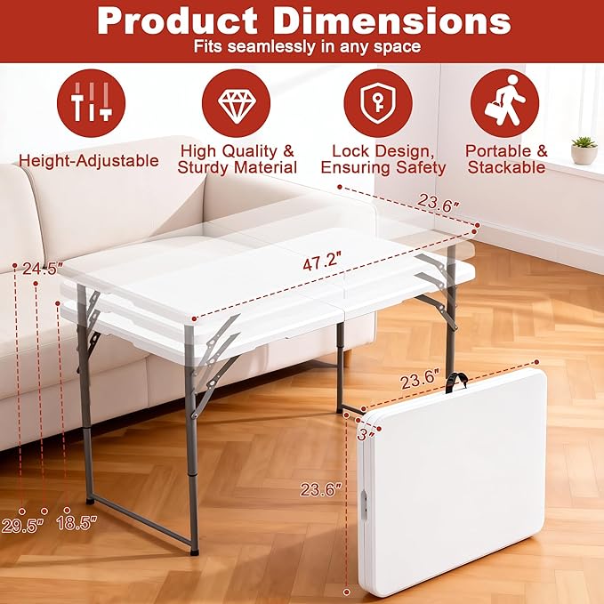 Elevon Folding Table, 4 Feet Heavy Duty Fold-in-Half Utility Table Indoor Outdoor for Camping, Picnic, Party