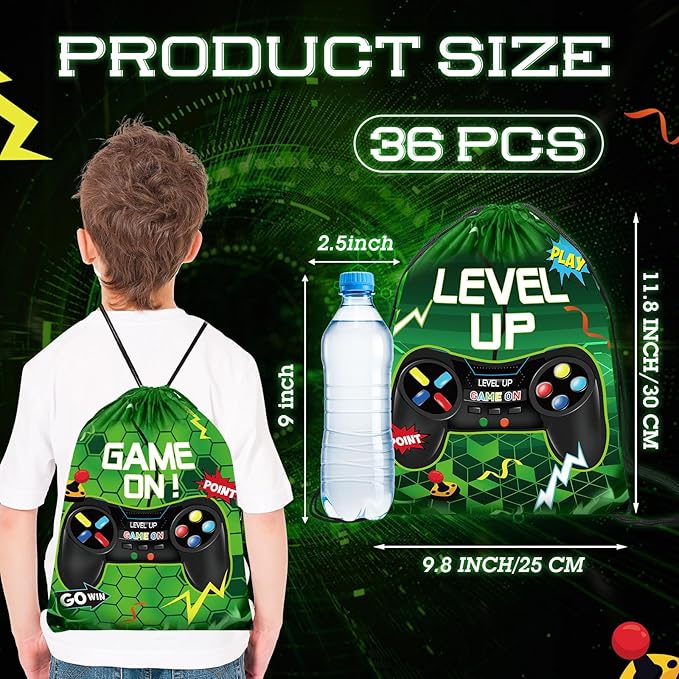 Roowest 36 Pcs Video Game Drawstring Bags 12 x 10'' Video Gaming Theme Birthday Party Gifts Supplies Goodie Treat Candy Bags for Kid(Green)