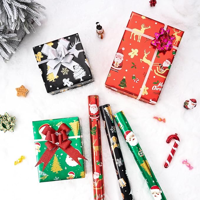 WERNNSAI Christmas Kids Wrapping Paper - 3 Rolls 17" x 120" Kids Christmas Foil Wrapping Paper Rolls Girls Boys Christmas Santa Wrapping Papers Christmas Birthday Gift Wrap Paper with Cutting Line