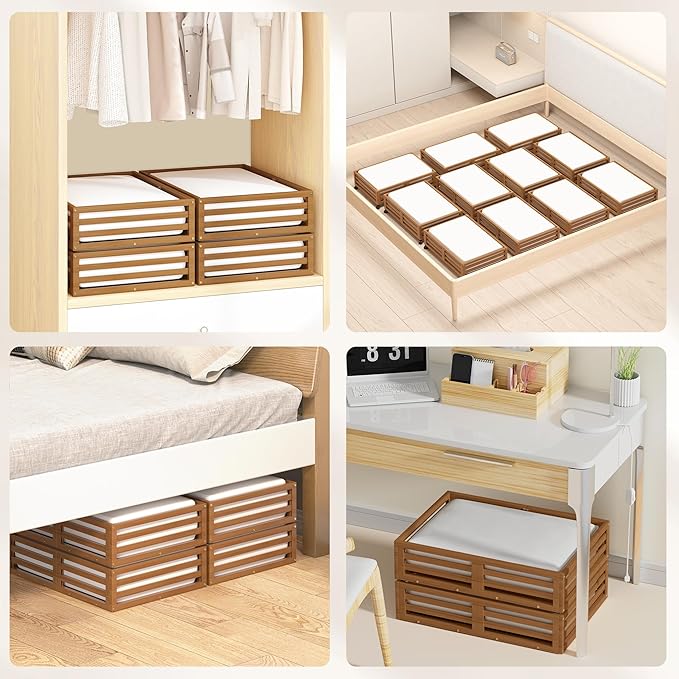 Bamboo Under Bed Storage Containers- Underbed Organizer with Wheels with Large Capacity Dust Bag,Sturdy Wood Rolling Under Bed Shoe Storage Organizer 2 Packs (Walnut, 2 Packs (23.62"×16.54"))