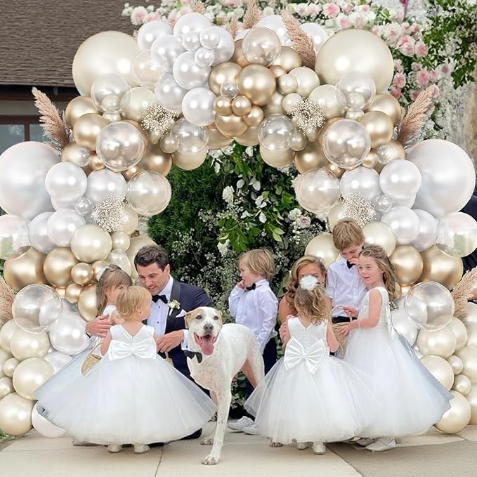 Pearl White Sand Metallic Light Gold Balloons Garland Arch Kit as Engagement Bridal shower Party Decorations, 18/12/10/5 in Different Size Pearl Cream White Clear Lvory Champagne Balloon for Wedding