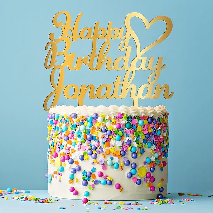 Personalized Birthday Cake Topper - Happy Birthday Cake Toppers w/Name and Heart - Custom Acrylic Cake Decorations, Birthday Cake Topper for Birthday Party - 3 Solid Colors