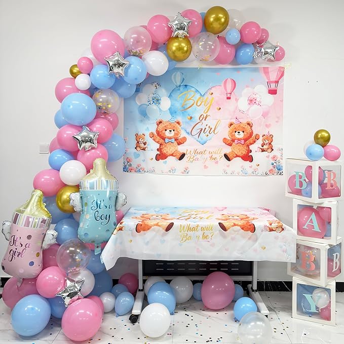 Bear Gender Reveal Baby Shower Decorations Party Kit,167pcs Pink Blue Balloon Garland Arch,Backdrop,Balloon Boxes,and Cute Gender Reveal Supplies for Boy or Girl Baby Shower,Gender Reveal Party