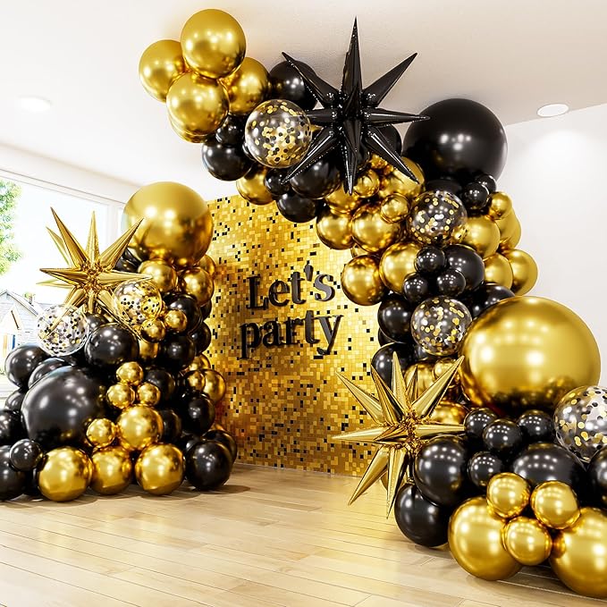 Black and Gold Balloon Arch Garland Kit - 130Pcs Black Gold Graduation Balloons with Glitter Confetti Balloons, Explosion Star Foil Balloon for Graduation Birthday Wedding Party Decorations