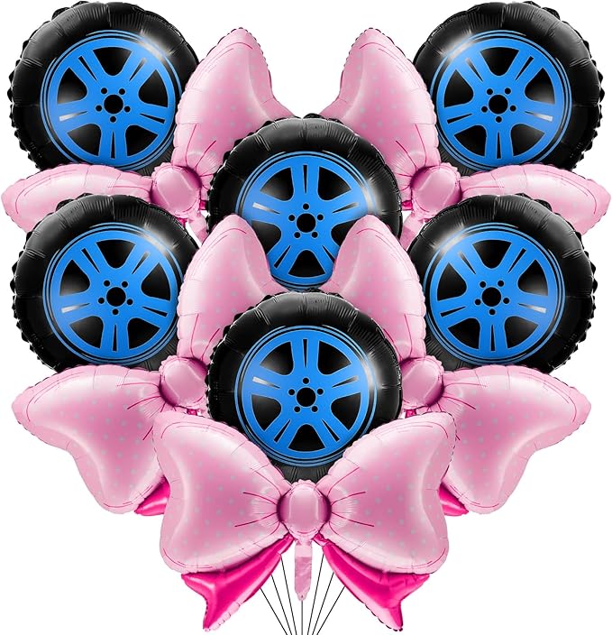 Lewtemi 16 Pcs Burnouts or Bow Foil Balloons Sets Black Blue Car Wheel Gender Reveal Bow Balloons for Baby Shower Gender Reveal Wedding Birthday Party Decoration