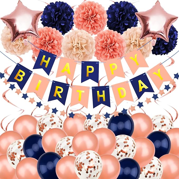 Rose Gold & Navy Blue Party Decorations - Happy Birthday Decorations with Banner for Women, Girls, Engagement & Anniversary Parties