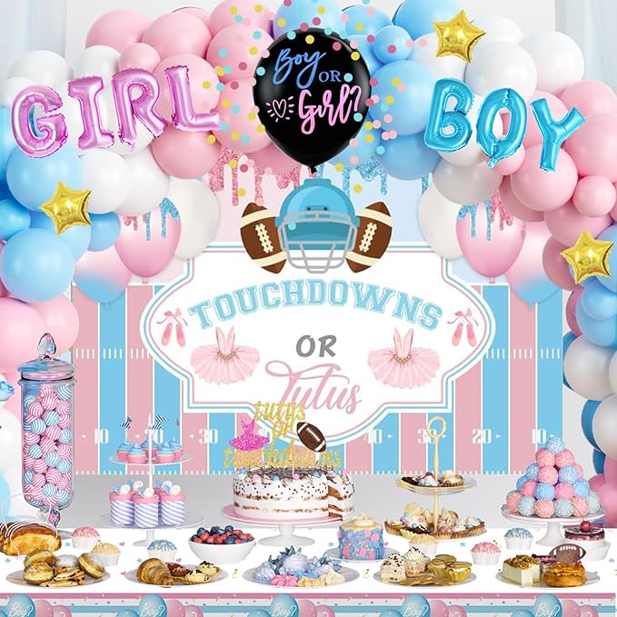 Touchdowns or Tutus Gender Reveal Decorations, Pink Blue Boy or Girl Party Supplies Backdrop Banner Balloon Garland Tablecloth Cake Topper Plate Napkin Cup Straw Knife Spoon Fork Sash 230 PCs