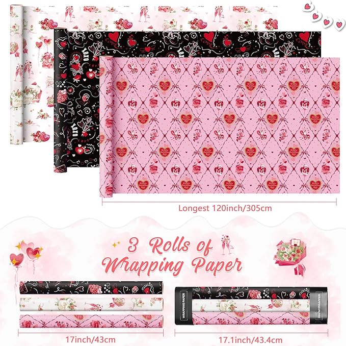 WERNNSAI Valentine Wrapping Paper Roll - 3 Rolls 17’’ x 120’’ Valentines Day Wrapping Paper Black Pink Red Heart Wrapping Paper Valentine Gifts Wrap for Men Women Flowers XOXO Design with Cutting Line