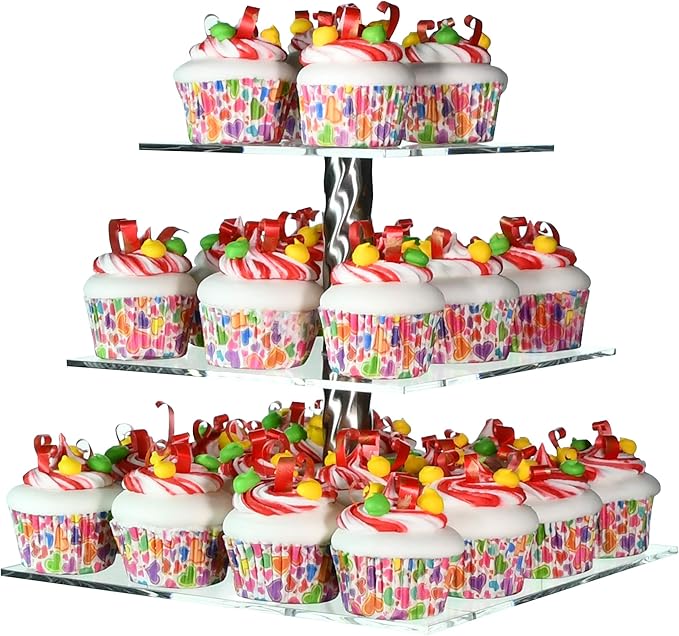 AMT Acrylic Cupcake Stand | Clear Acrylic Cupcake Stand for 28 Cupcakes | 3 Tiers Cupcake Stand | Perfect for a Wedding Shower, Birthday Party, Baby Shower. (1 pc/Box) (Square - 3 Tiers)