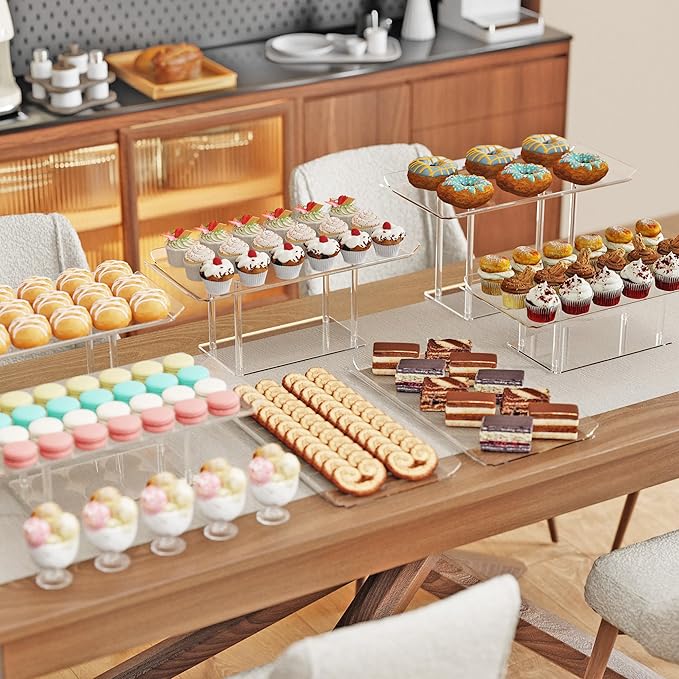 HeiMma 6 Pack Dessert Table Display Set, Clear Acrylic Dessert Display Stands with 3 Pack Dessert Tray Platters Buffet Risers for Pastry Food Fruit Candy Treat for Wedding Birthday Party