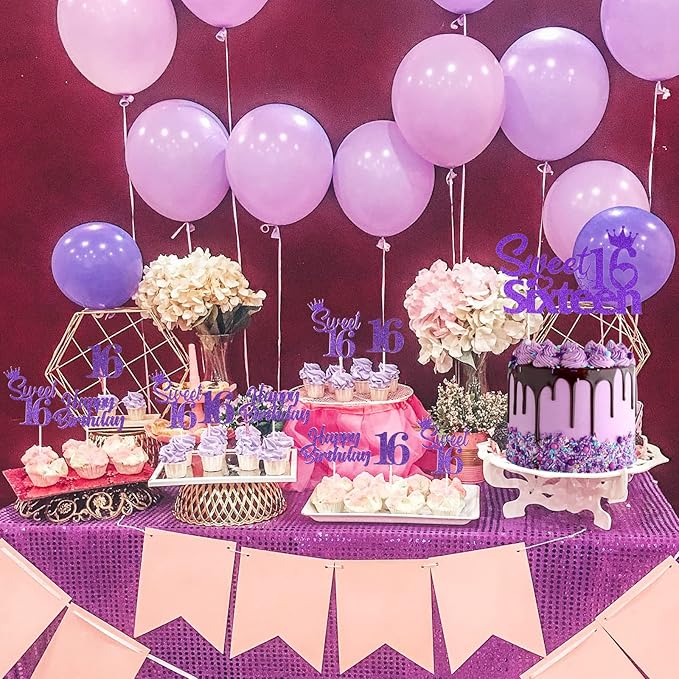25 Pack 16th Birthday Cake Decorations Purple, Sweet 16 Sixteen Cake Topper, Happy Birthday Sweet 16 Cupcake Toppers for Boys Girls Happy 16th Birthday Party Supplies