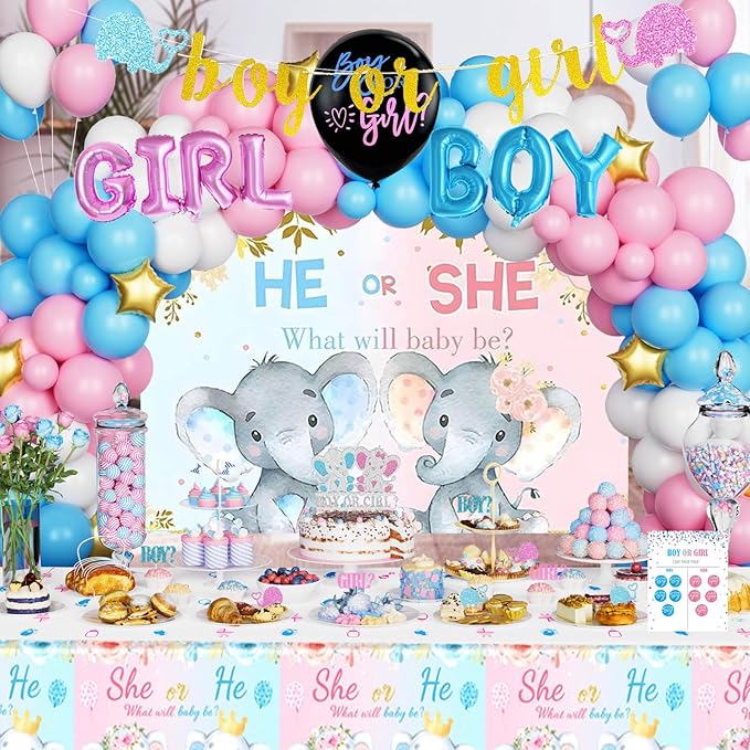 172 PCs Elephant Gender Reveal Decorations, Hombae Boy or Girl Gender Reveal Decorations What Will Baby Be Backdrop Balloon Garland Banner Tablecloth Cake Cupcake Topper Box Cutout Poster Sash