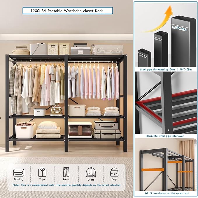Heavy Duty Covered Clothes Rack with Magnetic Door Foldable Portable Wardrobe Closet for Hanging Clothing Rolling Black Metal Garment Rack on Wheels Closet System (Dragon Sandalwood, 74.7in)