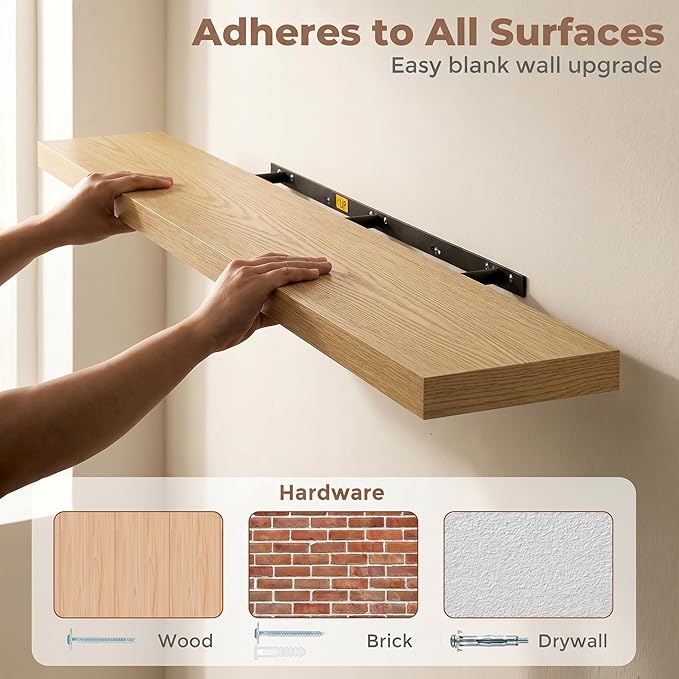 Venusmiles Floating Shelves for Wall, 72 Inch Floating Shelves Set of 2, 6.5" D Wooden Wall Mounted Display Shelves with Invisible Brackets for Living Room, Bedroom, Bathroom, Kitchen Decor, Oak