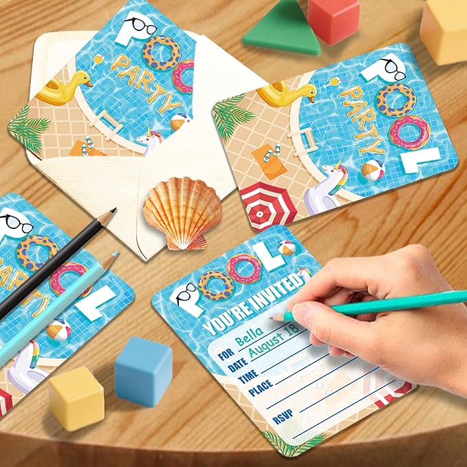 24 Pool Party Invitations with Envelopes and Stickers, Summer Birthday Swim Party Fill-In Invite Cards for Boys Girls, Splish Splash Pool Party Supplies Favors