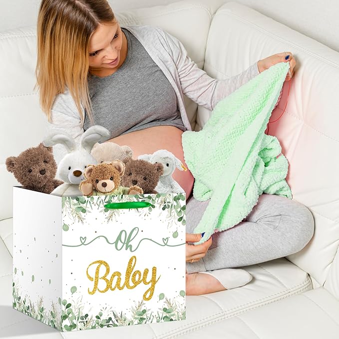 11.8" Extra Large Gift Bag Sage Green Square Giant Gift Bag with Handles and Tissue Paper Eucalyptus Oh Baby Wrapping Paper Bag for Baby Shower Birthday Newborn Gender Reveal Party Supplies