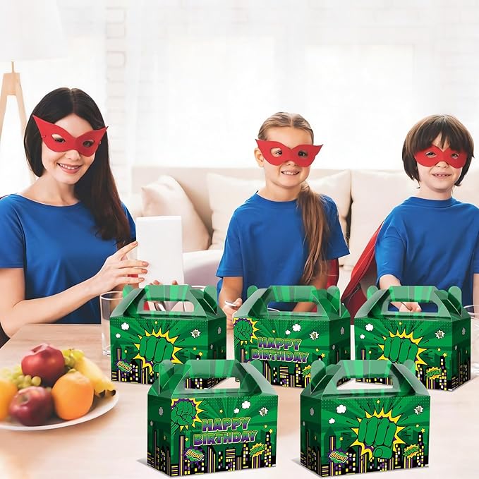 Green Hero Party Decorations Cartoon Green Hero Party Favors Box Super Theme Candy Goodie Treat Boxes for Kids Boys Girls Super Theme Comic City Cityscape Birthday Baby Shower Supplies 24Pcs