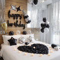 Realspring 120 Pcs Happy Birthday Decorations Set Balloons Letters Banner with Candle LED Light Champagne Bottle Wine Glass Rose Petals for Birthday Party Room Decor(Black and Sliver)