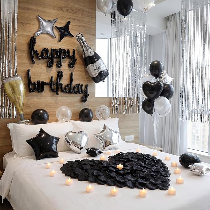 Realspring 120 Pcs Happy Birthday Decorations Set Balloons Letters Banner with Candle LED Light Champagne Bottle Wine Glass Rose Petals for Birthday Party Room Decor(Black and Sliver)