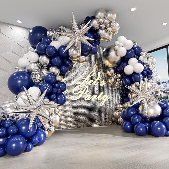 130pcs Navy Blue and Silver Balloon Garland Arch Kit with 3pcs Silver Star Balloons, Royal Blue Metallic Silver White Balloons for Birthday Baby Shower Wedding Graduation Party Decorations