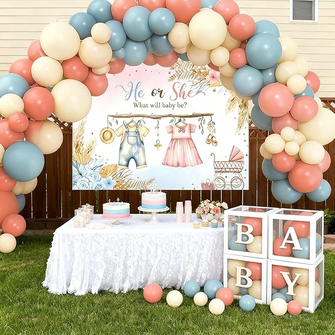 138Pcs Gender Reveal Decorations Kit with Dusty Pink Blue Balloon Garland Arch, Baby Box with Letters, He Or She Cloth Backdrop, Boy Or Girl Gender Reveal Ideas Decor Party Supplies