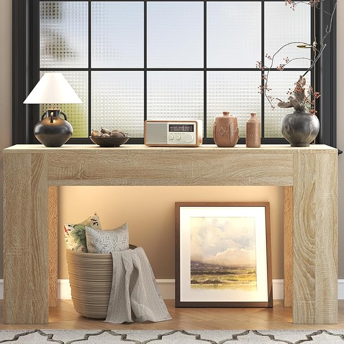 knoworld 63-Inch Long Console Table with LED Light, Farmhouse Sofa Table Behind Couch, Wooden Console Table for Entryway Hallway Entrance Living Room, Nature