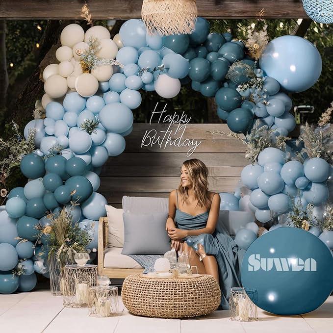 SUWEN Dusty Blue Balloons Arch Kit Garland 153Pcs Different Sizes of 18 10 5 Inch Light Blue and Sand White Balloons for Birthday Decoration Balloons Gender Reveal Party