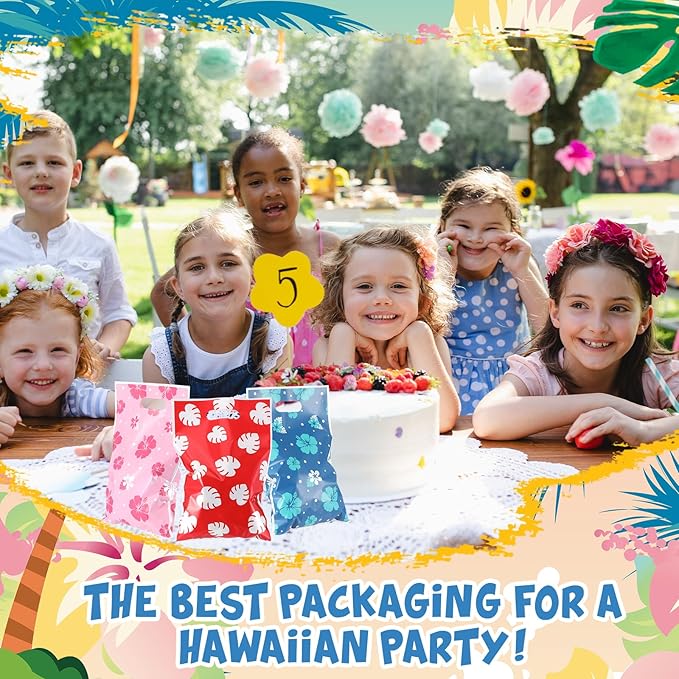 Eccliy 30 Pcs Hawaiian Party Favor Bags Cartoon Luau Goodie Bags Candy Gift with Handle for Animation Theme Part Decoration