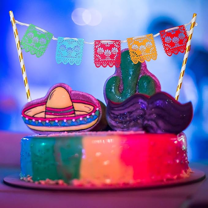 Outus 43 Pcs Fiesta Cupcake Topper and Picado Banner for Fiesta Party Decorations Mexican Theme Cake Decorations for Mexican Themed Cactus Donkey Taco Pepper Sombrero Mustache Party