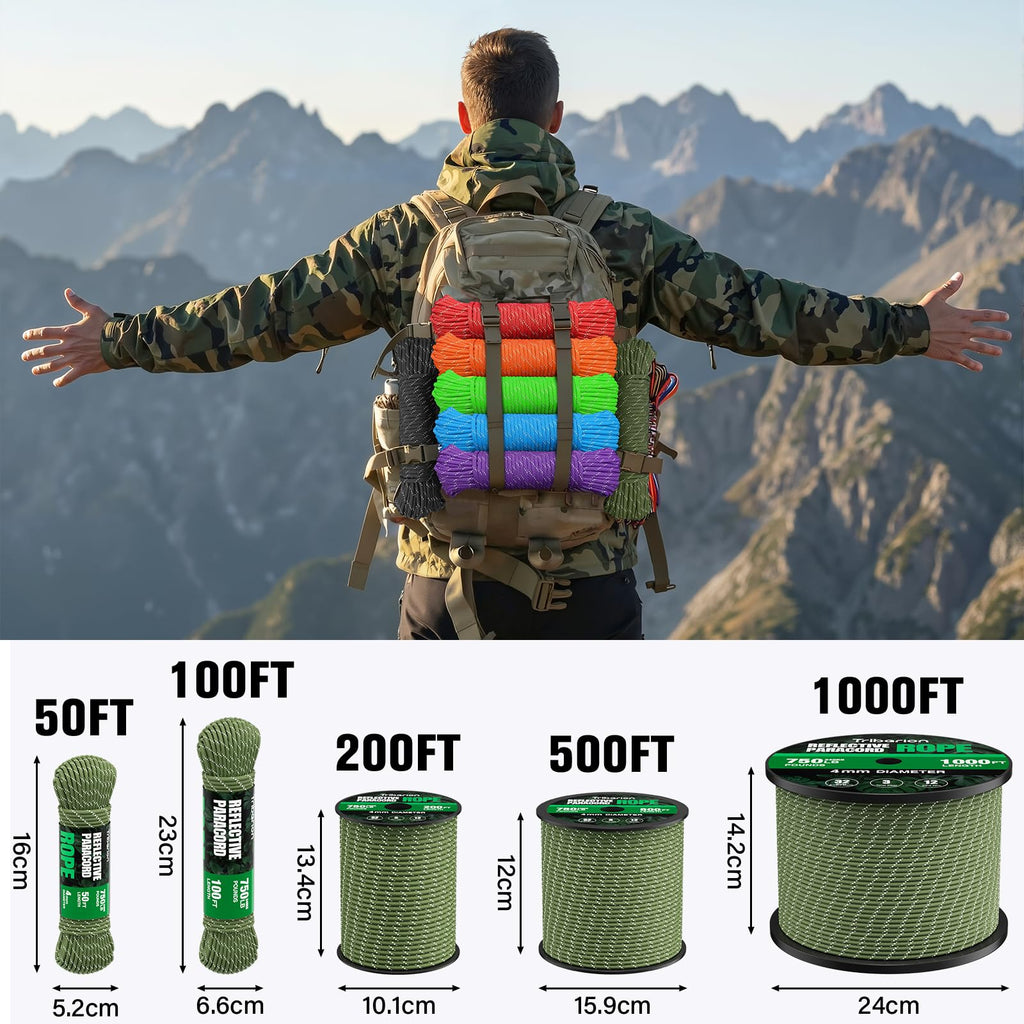 TRIBERION Reflective Paracord Rope 750 lb - 50ft 5/32" Parachute Cord 4MM 12-Strand para Cord - Heavy Duty Spool String for Survival,Camping Gear, Survival Bracelet, Clothesline - Army Green