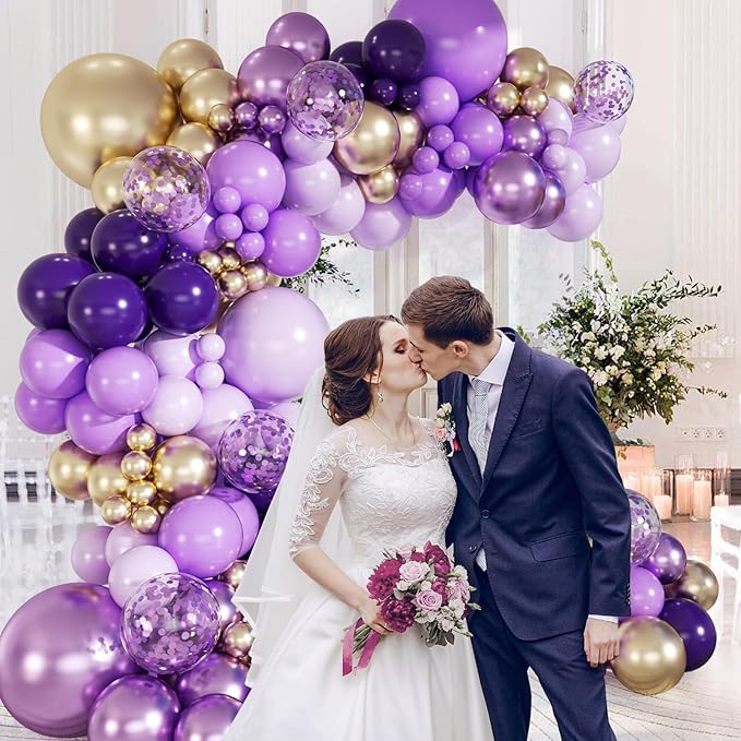 147pcs Purple and Gold Balloon Arch Kit, Party Decorations with Purple Light Purple Dark Purple Metallic Purple Balloons for Birthday Wedding Baby Shower Party Decoration Women