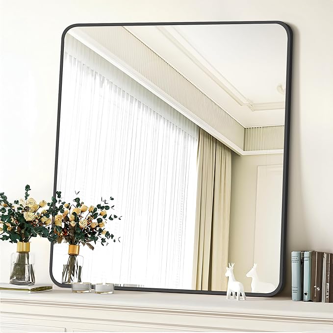 FORBATH Bathroom Mirror 36" x 36"，Large Square Wall Mirror with Black Aluminum Frame Rounded Corner, Wall Mounted Mirror for Bathroom Bedroom Entryway Living Room