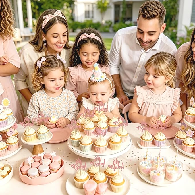 Ercadio 24 Pcs Oh Baby Cupcake Toppers Glitter Rose Gold Cake Topoper for Boy or Girl Theme Baby Shower Cupcake Picks Kids Birthday Party Cake Decorations Supplies