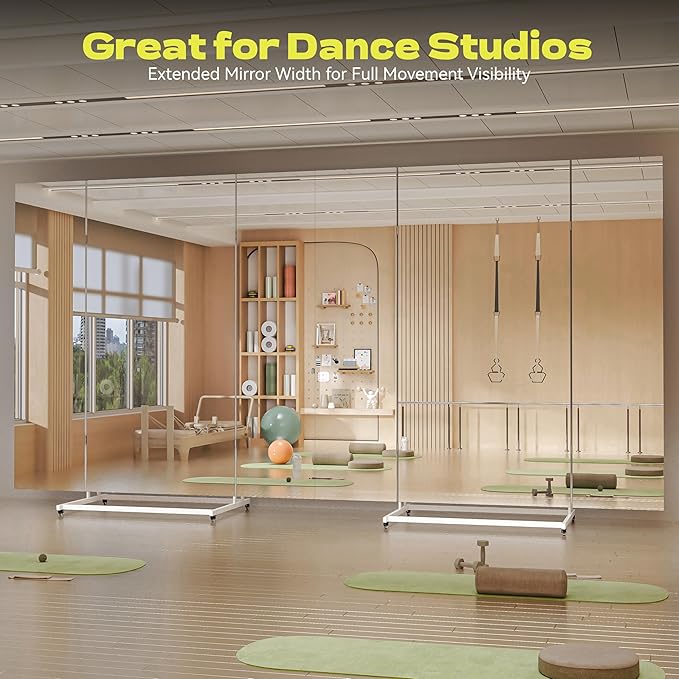 Hasipu Large Full Length Rolling Mirror - 71"×71" Tri-Fold Full Body and Tempered Glass Movable Home Gym Mirror on Wheels with Stand for Gym, Dance Studio, Fitness Room, and Home