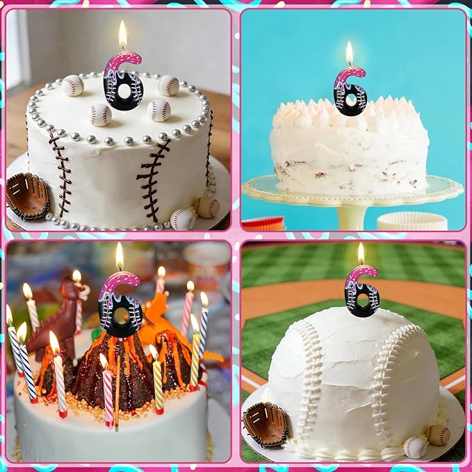 Conelist Ice Cream Drip Baseball Birthday Candle Number 6, Baseball Ice Cream Drip Birthday Cake Topper Pink Candle 6 for Cake Sport Team Theme Anniversary Celebration Party Decoration Favor Supply