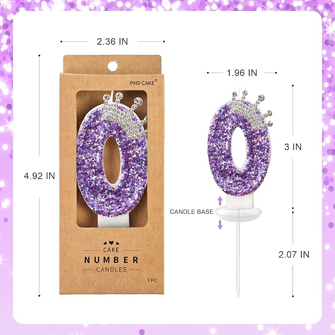 Birthday Number Candles,Purple Crown Birthday Candles for Cake,Glitter Number 0 Candle Cake Topper with Sequins for Anniversary Celebrations Supplies
