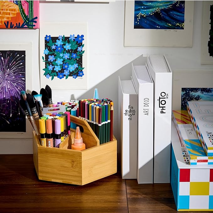 MEEDEN Bamboo Rotating Art Supply Desk Organizer: Pen & Pencil Holder for Desk- Desktop Storage for Markers, Colored Pencils, Crayons, Paint Brushes, Office School Classroom