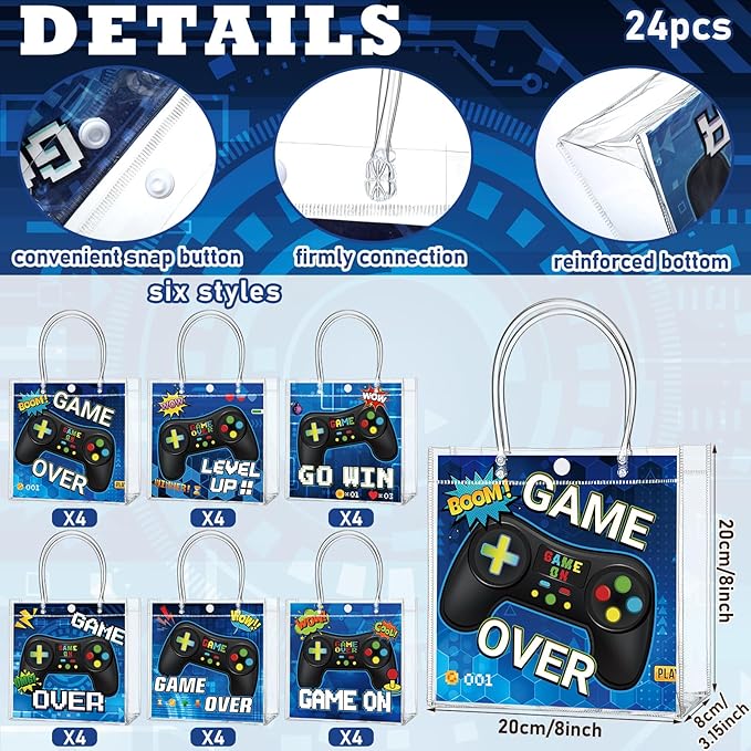 Teenyyou 24 Pcs Video Game Party Favor Bags PVC Clear Goodie Treat Tote Gift Bags with Handles Gaming Theme Birthday Party Supplies