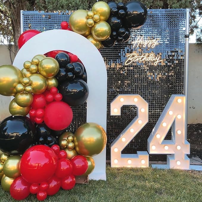 153Pcs Red and Black Gold Balloons Garland Arch Kit with Stars - 22 18 12 10 5 inch Different Latex Balloons for Anniversary Casino Night Hollywood New Years Movie Night Prom Party Decorations