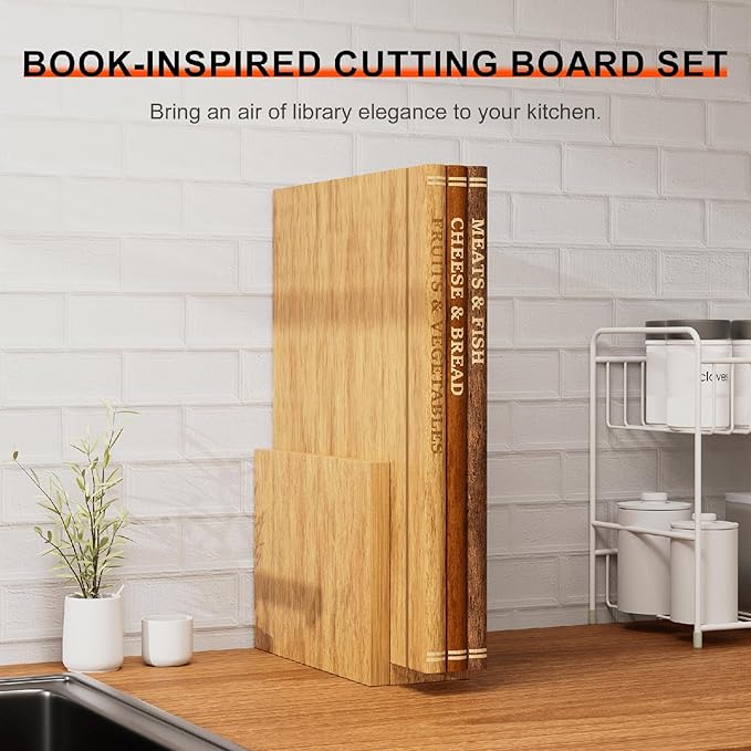 Book Cutting Board Set with Stand, 3-Piece Acacia Wood Boards That Look Like Books, Labeled Wooden Chopping Boards for Meat, Cheese, Bread & Vegetables, Kitchen Decor Gift