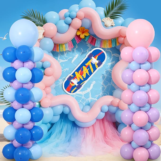 Blue Pink and Purple Balloon Column Stand Kit Set of 2, 140PCS Balloon Towers Set of 2 Pink Blue Purple Balloon Arch Kit for Gender Reveal Summer Tropical Cartoon Birthday Party Decorations