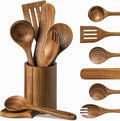 Wooden Utensil Set 8 PCS - Natural Non-Toxic Acacia Wooden Spoons for Cooking, Nonstick, Sturdy,Easy to Clean, Wood Kitchen Utensils Set with Holder, Spoon Rest, Ideal for Gifting