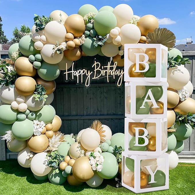 Sage Green Baby Shower Decorations Boy Girl - 4Pcs Baby Boxes with lettes and 112Pcs Green White Gold Balloons Arch Kit for Baby Shower Decorations, Dinosaur Jungle Safari Baptism Party Supplies