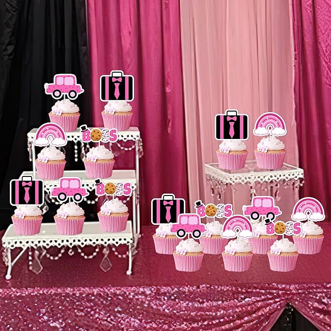 36Pcs Boss Cupcake Toppers for Girls Hot Pink Happy Bossday Theme Birthday Party Decorations Car Boss Theme Table Topper for Baby Boy Boss 1st 2nd 3rd Birthday Party Decor Supplies