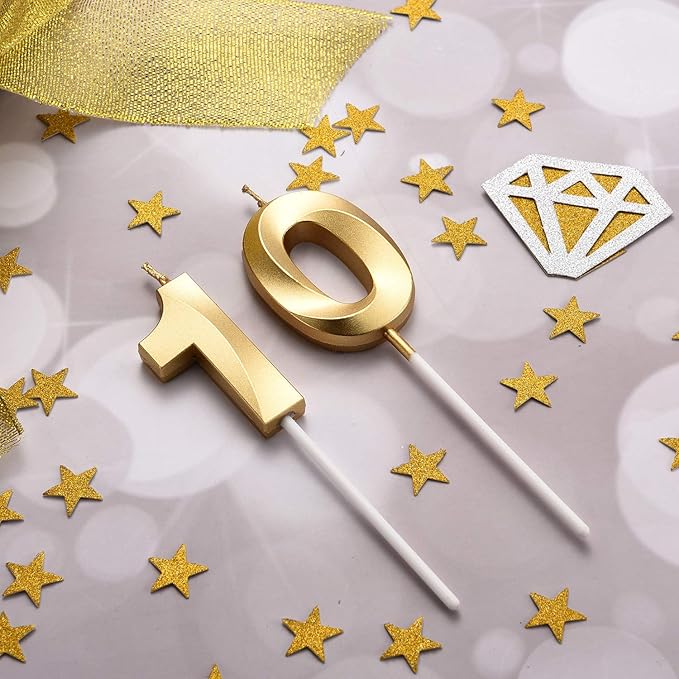 BBTO Birthday Candles Number Candles Cake Topper Decoration for Birthday Wedding Anniversary Celebration Supplies(Gold,10th)