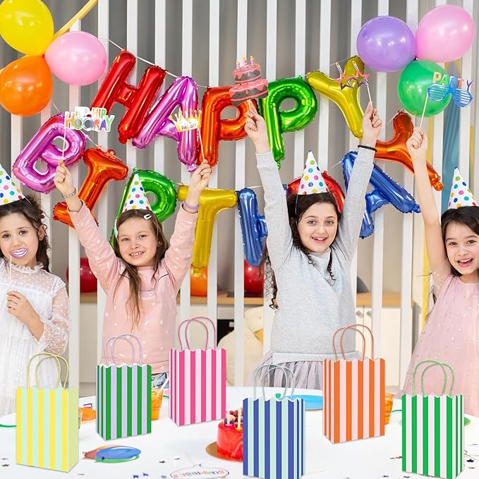 Whaline 24 Pcs Colorful Paper Gift Bag Treat Bags with Handles Stripe Scalloped Candy Goodie Bags for Party Favors Supplies